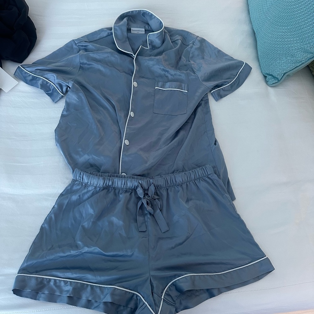 Blue Satin Pajama Set with White Trim